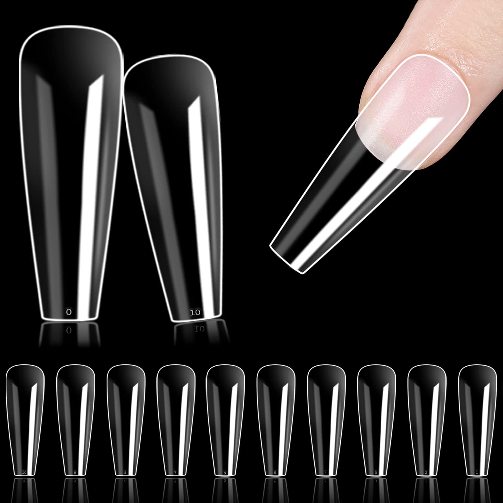 500PCS Ballerina Fake Nails Long Coffin Artificial Nails Acrylic Nails for Nail Art Decal Full Cover Nail Tips 10 Size Transparent Fake Nails