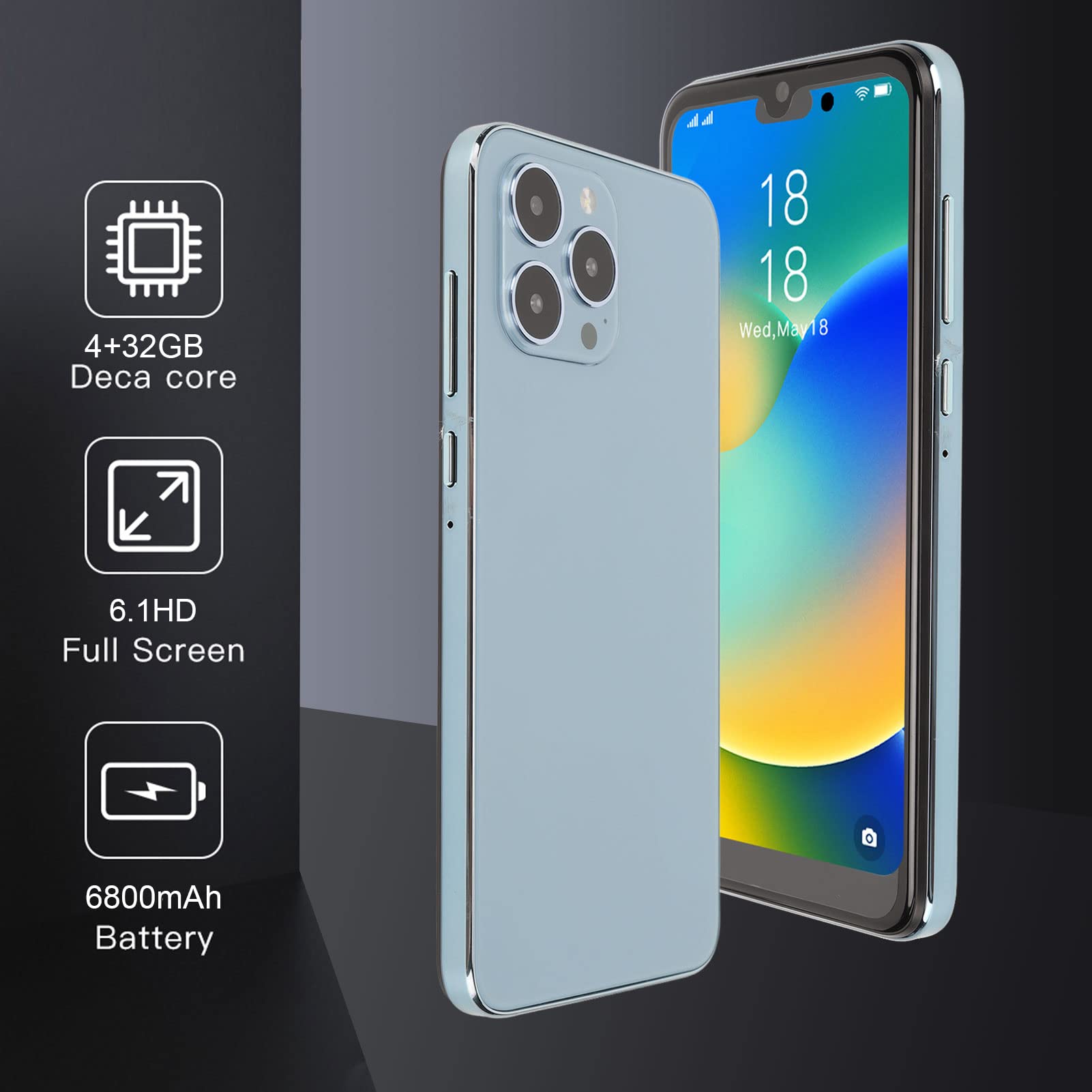 Acogedor Acogedorbsm0ufxht1 Unlocked Smartphone, I14pro Max Phone for Android11, 6.1 inch 4GB RAM 32GB ROM, 16MP 8MP Dual Camera, 6800mAh Battery, Face Recognition, 2G 5G Dual WiFi, Bluetooth 5.0