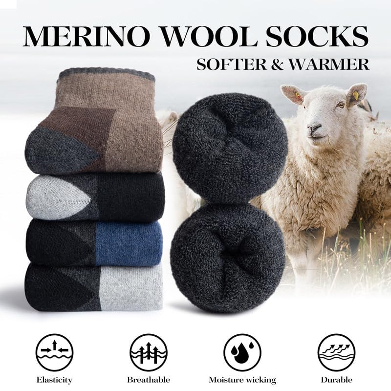 LBOYLOVE® 5 Pairs of Merino Wool Socks for Men, Winter Warm Thermal Crew Socks for Hiking, Running, Skiing, Cold Weather