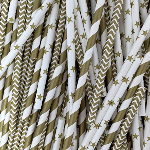 JPACO Gold Paper Straws (75 Pack, Stripe, Chevron, Star Designs) 100% Biodegradable