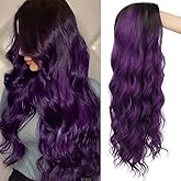 Swiking Ombre Purple Curly Wavy Long Wigs for Women Black Root Natural Breathable Colorful Wig for Halloween Party Cosplay (Purple)