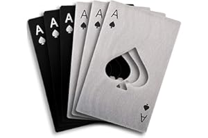 6 Pcs Set Black and Silver Poker Card Beer Bottle Opener,Stainless Steel Can Openers - Ace Card Beer Opener,Credit Card Size 