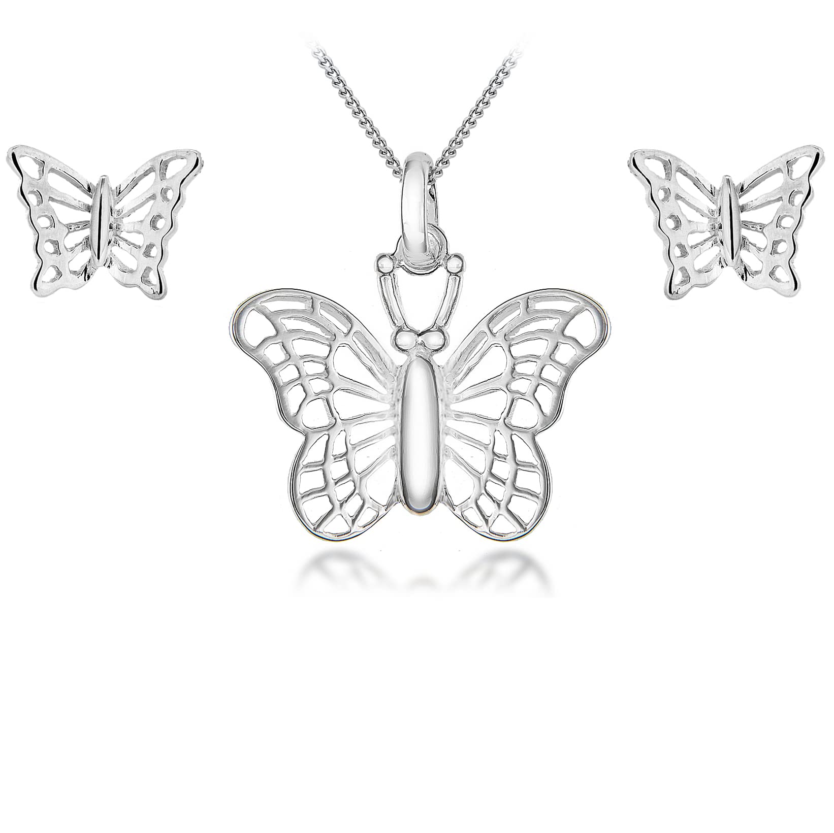 Tuscany Silver Women's Sterling Silver Set of Filigree Butterfly Earrings and Pendant on Curb Chain of 46cm/18"