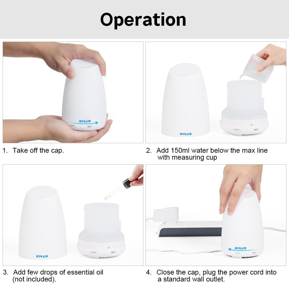 Essential Oil Diffuser, XPLUS 120ML Portable Ultrasonic Aromatherapy Diffusers with Multi-Changeable Colored LED Lights and Waterless Auto Shut-off Adjustable Mist Mode for Bedroom,Nursery or Office