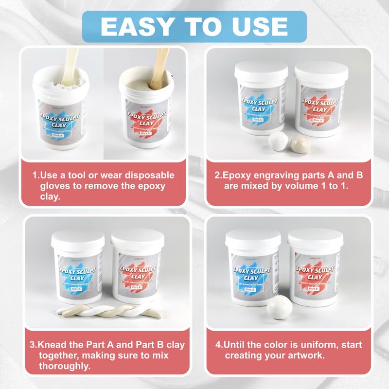 1 Pound White Epoxy Putty Sculpt Clay, 2 Part (A & B) Modeling Compound for Sculpting, Modeling, Building, Repairing, Self-Hardening Epoxy Clay Easily Repairs Metal, Wood, Tile, Ceramics, Plastic