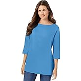 Woman Within Plus Size Perfect Three-Quarter Sleeve Boatneck Tee