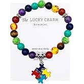 Autism Awareness 7 Chakra Gemstone Natural Stone Beaded Bracelet Love Heart Cross Ribbon Round Puzzle Elastic Cord Autistic Bracelet for Women Men Friend Yoga Meditation Jewelry Gift
