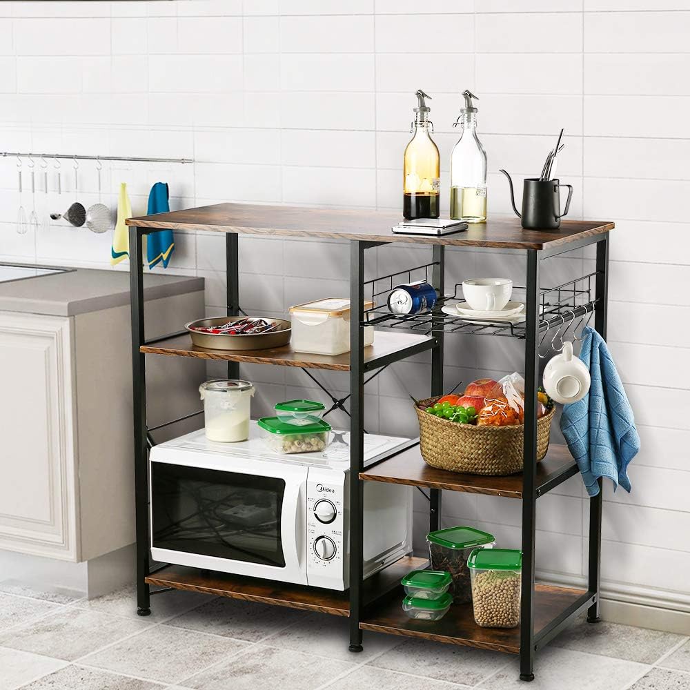 VANSPACE Industrial Kitchen Baker's Rack Utility Storage Shelf Microwave Stand 3-Tier + 3-Tier Kitchen Storage Cart Table for Spice Rack Organizer Workstation with 5 Hooks - 35.5" Retro Brown: Kitchen & Dining