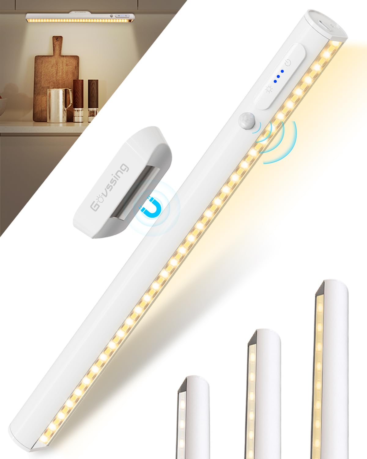 GOVSSING Motion Sensor Lights Indoor - 4000mAh Under Cupboard Kitchen Lights with Indicators, 35cm Magnetic Rechargeable Light, Dimmable Battery Light with 3 Color Modes