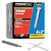 Power Pro Premium Exterior Trim Screws, #8 x 2in, 152 Pieces, White | White epoxy coating, star drive trim head with countersinking blades, for exterior wood trim, fast driving thread