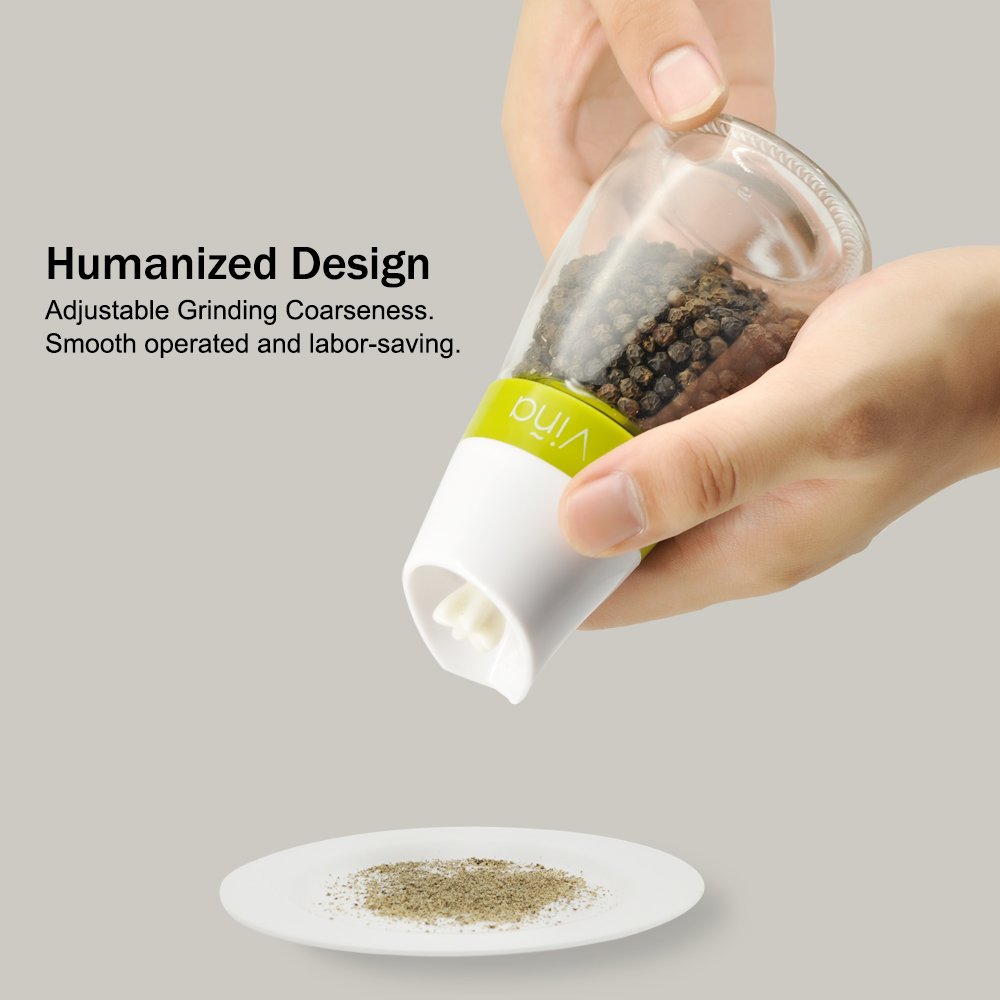 Vina Salt and Pepper Grinder Set with Matching Stand, Manual Salt and Pepper Shaker Mill , Adjustable Ceramic Grinding Mechanism - Free Garlic Roller As a Gift