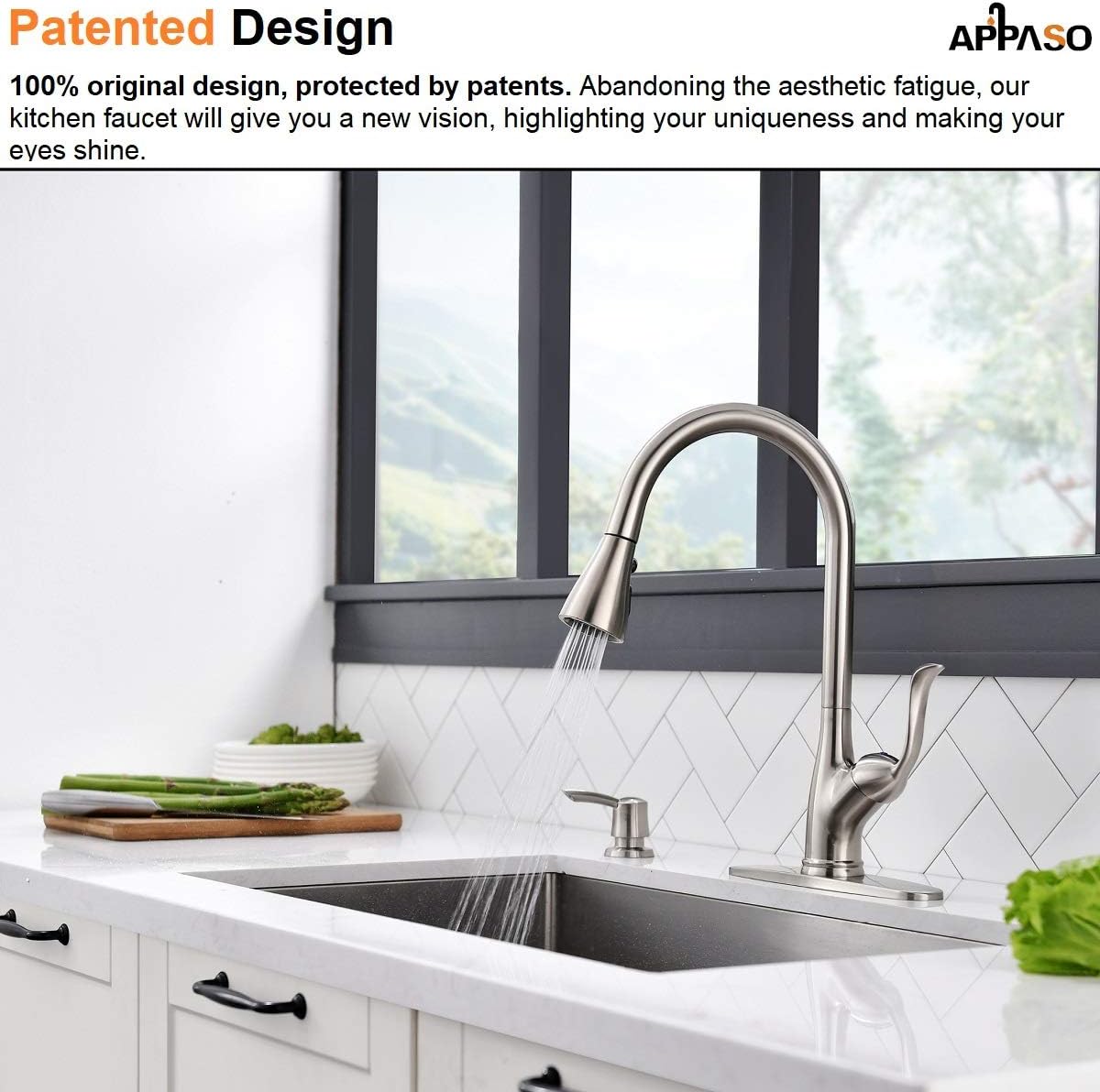 Patented Kitchen Faucet with Pull Down Sprayer and Soap Dispenser - Single Handle Stainless Steel Brushed Nickel High Arc Pull Out Kitchen Sink Faucets with Deck Plate, APPASO - - 