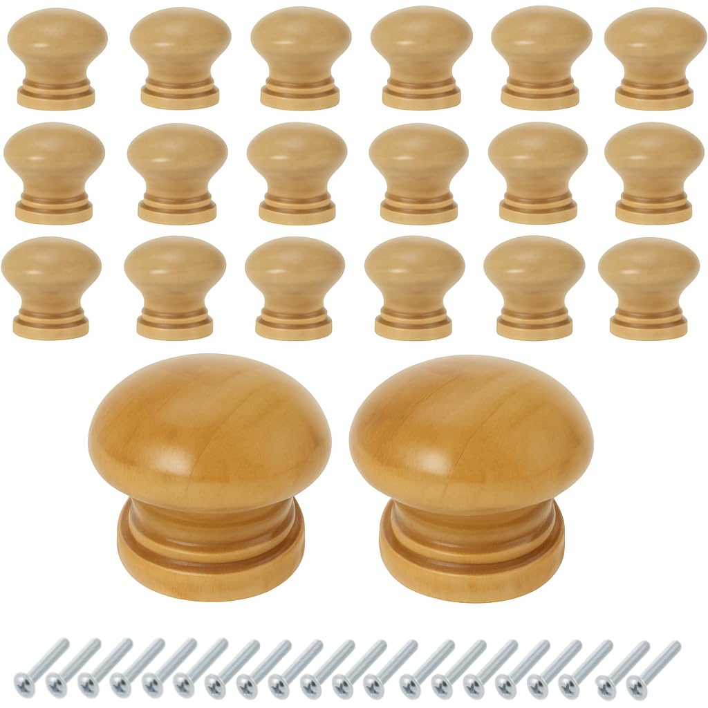 AKORD 20pcs Lacquered Wooden Cabinet Knobs – 32mm Pre-Drilled Door, Drawer and Cupboard Handles for Easy Installation, Including Screws
