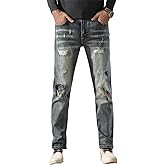 Gold Toucher Men's Hip Hop Ripped Straight Distressed Embroidery Ripped Denim Slim Fit Straight Leg Biker Jeans