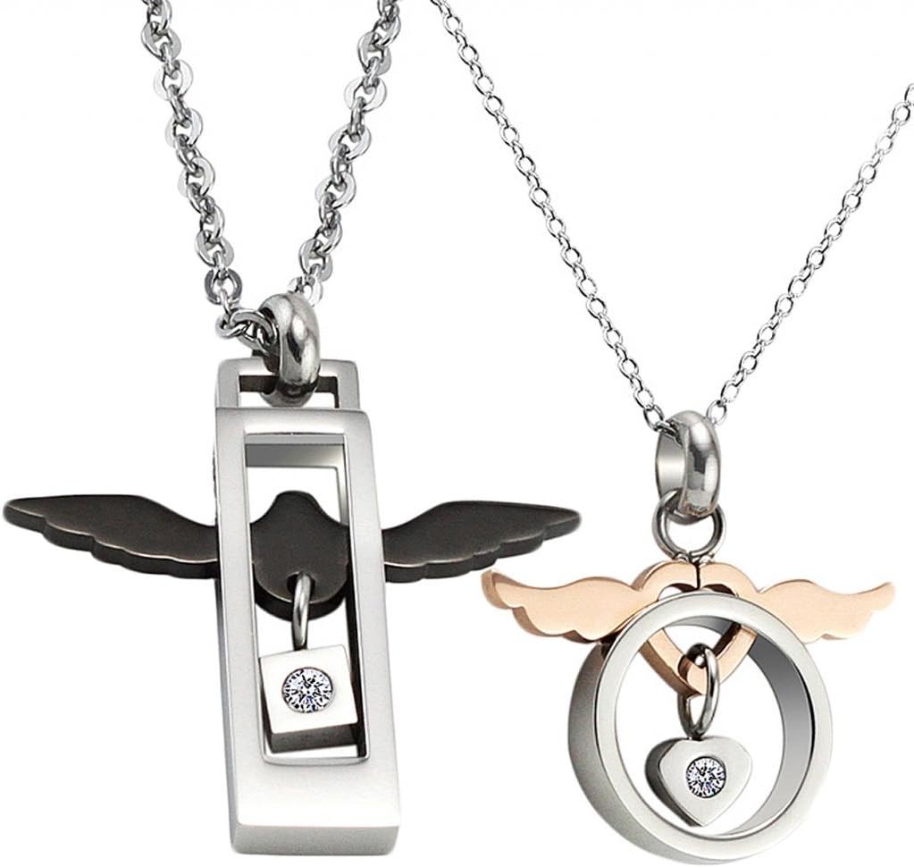 His & Hers Pendant Necklace Jewelry Stainless Steel Chains Matching Love Angel Wings Lock CZ
