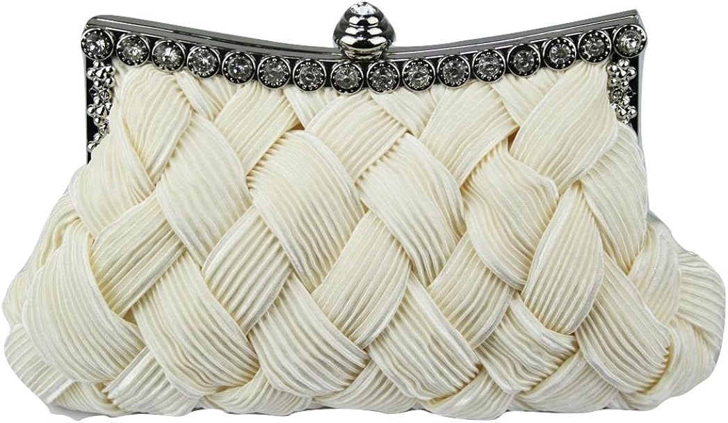Womens Ivory Cream Woven Style Clutch Evening Bag with Diamante Frame