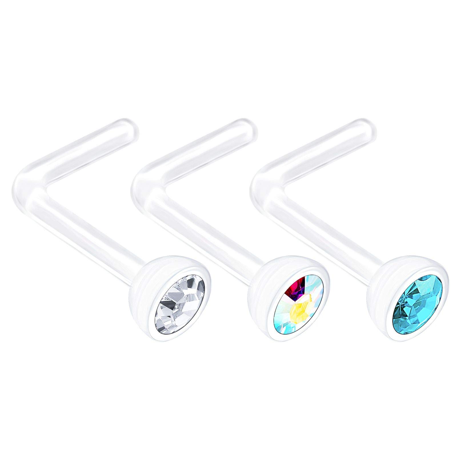 3PCS Bioflex L Shaped Nose Rings 20 Guage 0.8mm 5mm Clear Aurora Borealis Aquamarine Crystals Nostril Piercing Jewellery 1939
