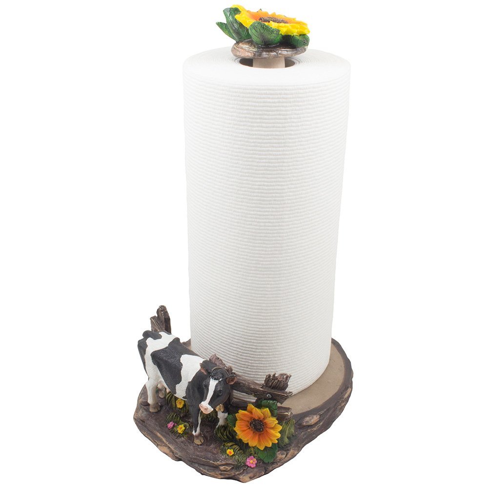 Decorative Holstein Cow Paper Towel Holder Display Stand with Sunflower