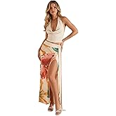 winkbay Women's 2 Piece Beach Vacation Outfits Boho Backless Halter Crop Top and Floral Maxi Skirt Summer Set