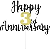 Happy 3rd Anniversary Cake Toppers Glitter, Cheers To 3 Years Old Party Decorations 3 Year Anniversary Cake Decor, Three Theme Cake Decorations For Wedding Birthday Company Anniversaro(Black Gold)