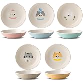 Seyatoo Ceramic Cat Bowls Set - 5.7 inch Wide Cat Food Bowls Whisker Fatigue Friendly, 5 Colorful Kitten Dish Plates with Cute Pattern for Wet and Dry Food Water