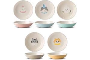 SEYATOO Ceramic Cat Bowls Set - 5.7 inch Wide Cat Food Bowls Whisker Fatigue Friendly, 5 Colorful Kitten Dish Plates with Cute Pattern for Wet and Dry Food Water