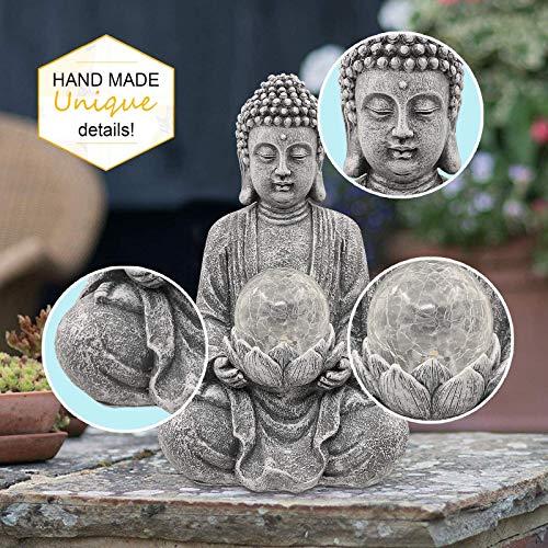Meditating Buddha Statue with Solar Light,Zen Solar Garden Buddha with Cracked Glass Ball