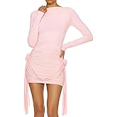 SHESEEWORLD Women's Long Sleeve Boat Neck Bodycon Mini Dress Sexy Floral Y2K Ruched Cocktail Party Dresses
