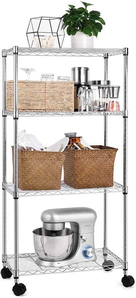 zanmini 4 Tier Storage Shelves, Metal Wire Shelving Unit with 4 Rolling Casters and 4 Leveling Feet 23.6''× 13.8''× 47.2'' Sturdy Low-Carbon Steel, Adjustable in 1'' Increments