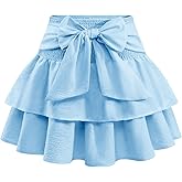 Timormode Women's Bow Mini Skirt Flowy High Waisted Ruffle Hem Short Skirts Cute Boho A-Line Layered Skater Skirt
