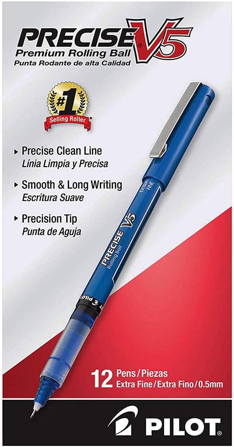PILOT Precise V5 Stick Liquid Ink Rolling Ball Stick Pens, Extra Fine Point (0.5mm) Blue Ink, 12-Pack (35335) : Liquid Ink Rollerball Pens : Office Products