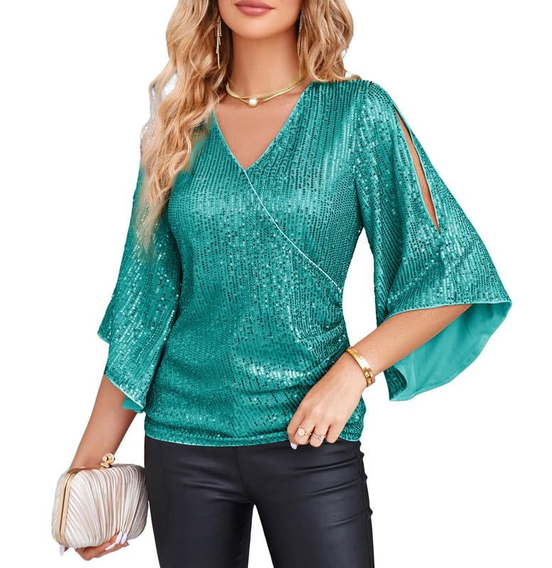 Photo 1 of GRACE KARIN Women Full Sequin Tops V-Neck Glitter Party Shirt 3/4 Sleeve Sparkle Blouses Aqua Green L