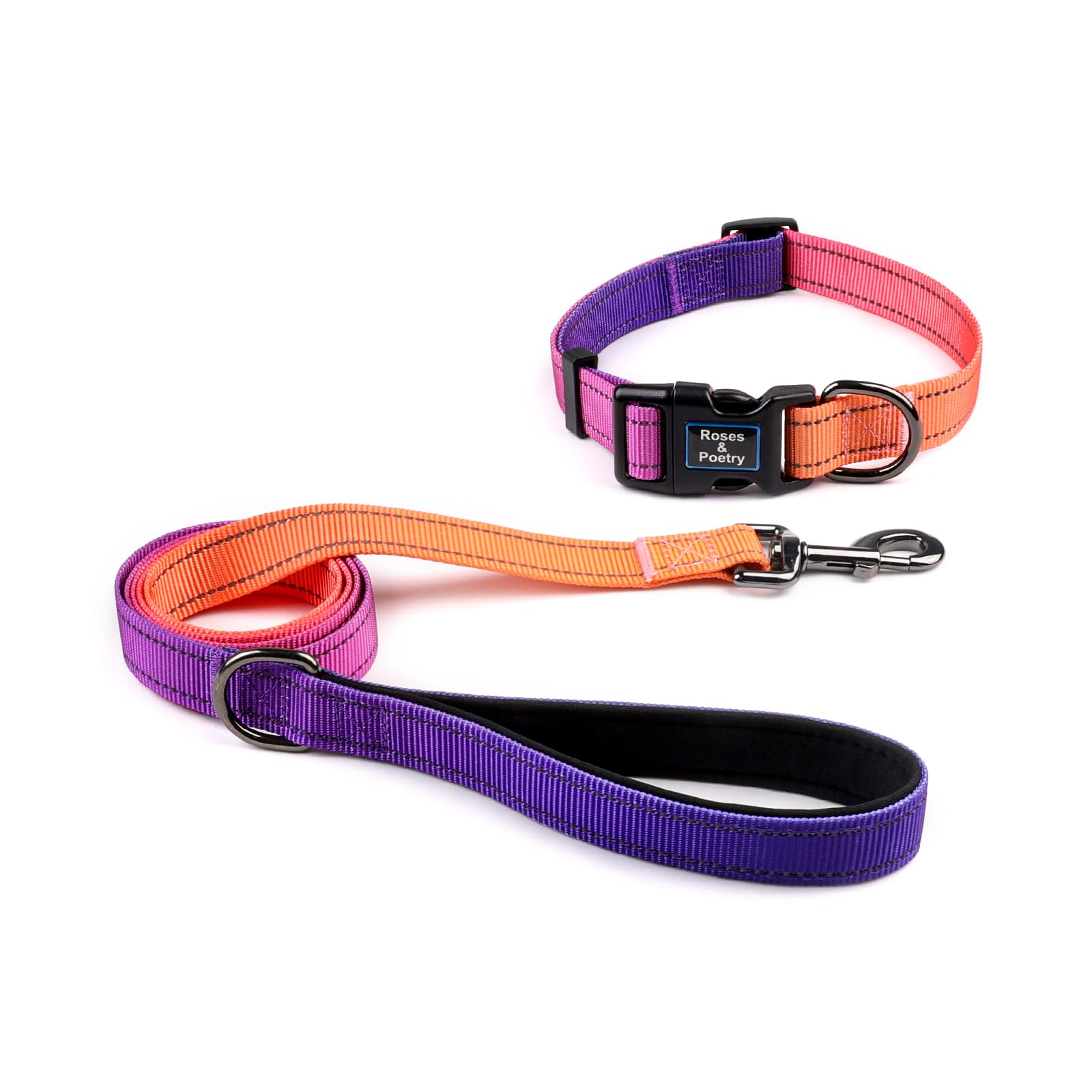 Roses&Poetry Reflective Dog Collar and Lead Set for Medium Dogs, Purple Nylon Dog Leads and Collars Combo, Adjustable Durable Pet Matching Collar Leash, for Walking, Playing, Training（Mistyrose-M)