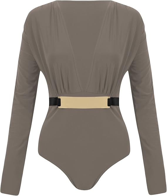 Womens Ladies Gold Buckle Belted Long Sleeve Plunge V Neck Leotard
