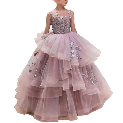 CQDY Floor Length Ball Gown Pageant Big Girl Flower Embroidery Princess Luxury Puffy Tulle Dress Flower Girls Prom Party