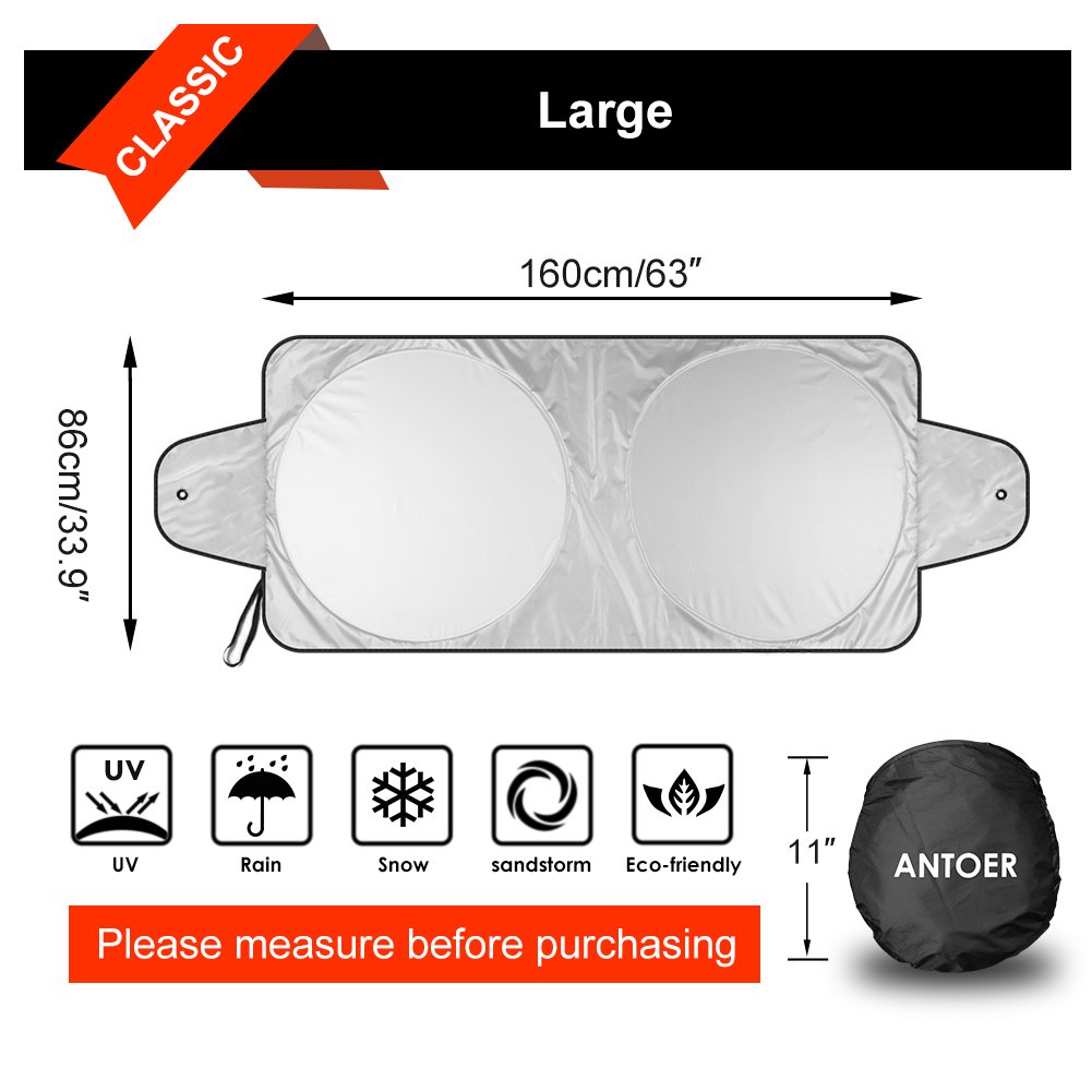 Windshield Sun Shade With 2 Ears For Maximum UV And Sun Protection -Foldable Sunshade For Car Windshield Will Keep Your Car Cooler- Easy To Use Windshield Sunshade 63\'\'x33.9\'\'