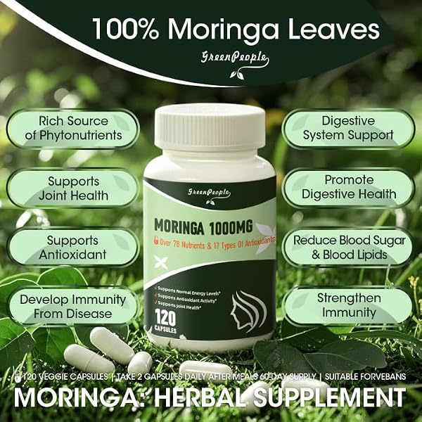MORINGA CAPSULES 1000MG WITH TURMERIC, GREEN TEA & GINGER EXTRACT – 7-IN-1 SUPERFOOD SUPPLEMENT FOR ENERGY, IMMUNE SUPPORT & JOINT COMFORT – VEGAN, NON-GMO ANTIOXIDANT BLEND FOR MEN & WOMEN, 120 CT