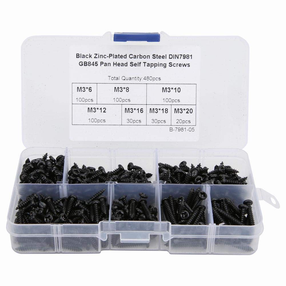 480Pcs Self-Tapping Screw, M3 Black Pan Round Head Carbon Steel/Nickel-Plating Fittings, Cross Self-Tapping Screw Kit(Carbon Steel Black)