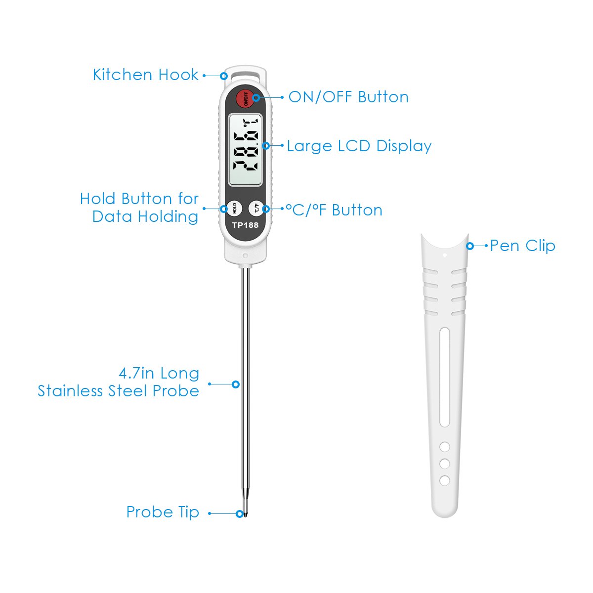 AMIR Digital Meat Thermometer, Upgraded Instant Read Cooking Thermometer with 4.7” Long Probe & LCD Display, Accurate & Fast Food Thermometer with Extended Sheath for Grill, BBQ, Baking, Cooking