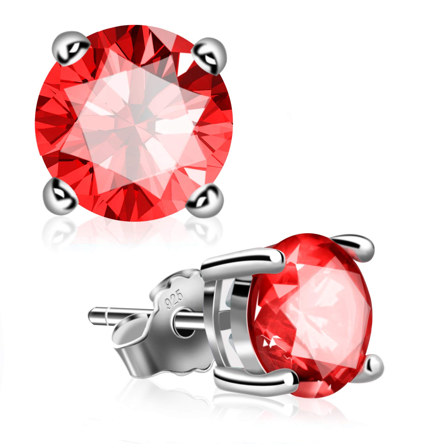 Stud Earrings, UHIBROS Hypoallergenic Silver Ear Stubs Birthstone Round Cubic Zirconia Diamond Earrings (July-Ruby-1)