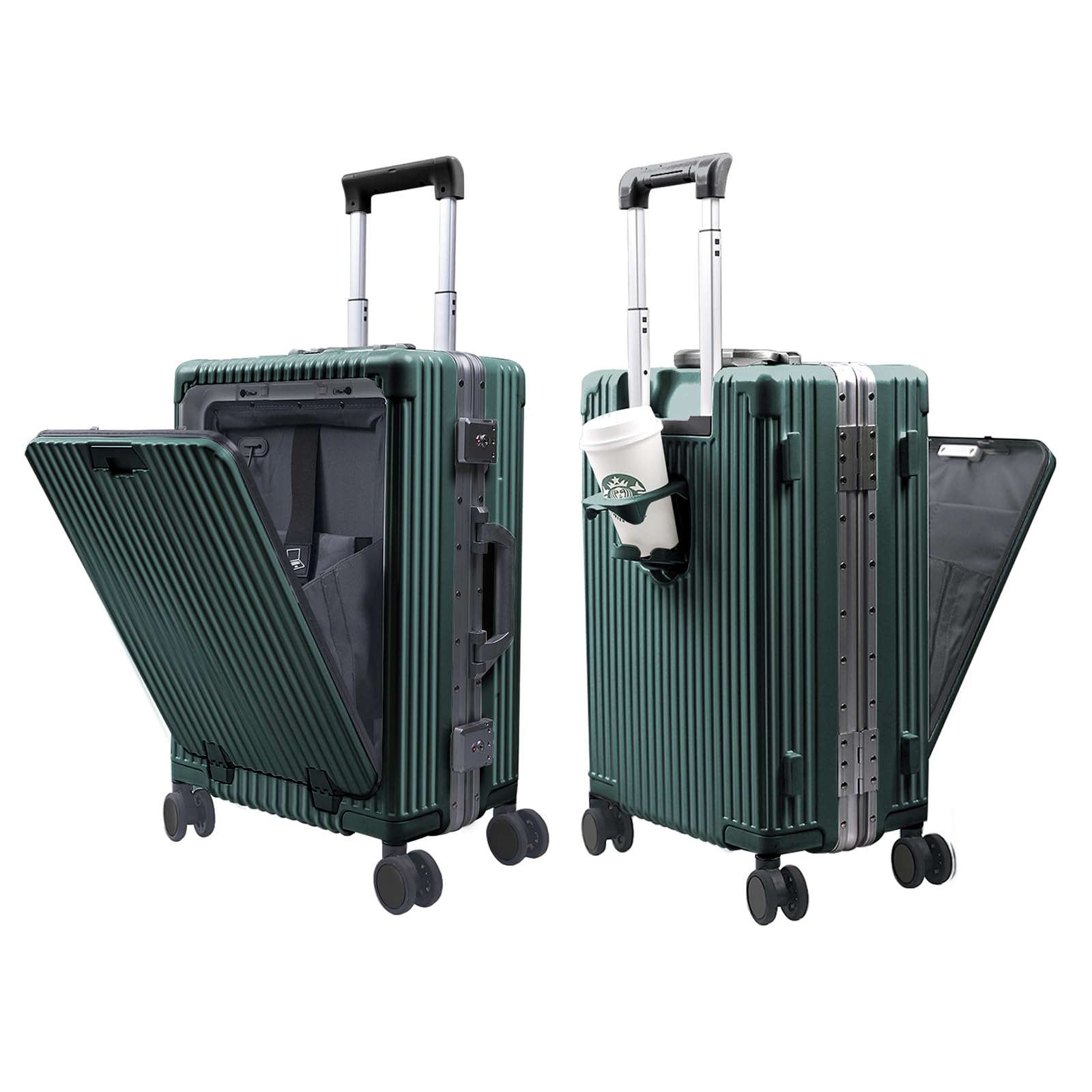 Carry On Luggage with Cup Holder and Usb Port, Aluminum Frame, Front Compartment, TSA Lock, 22x14x9 Airline Approved Hardside Suitcase with Spinner Wheels(Dark Green, 20-lnch)