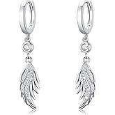 Cuoka Angel Wings,Feather Cross Earrings 925 Sterling Silver Unisex Hanging Dangle Drop Earrings,Small Hoop Earrings Jewelry for Women Men