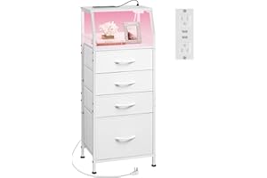 WLIVE Night Stand with Charger Station, White Nightstand with LED Light and 4 Storage Drawers, Tall Dresser for Bedroom, 37.48" H Bedside Table with Fabric Bins, Wood Shelf