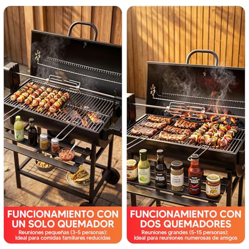 Asador de Carbon Portatil Tenedor automático para barbacoa,Asadores Parrilla de Carne Carbon con Mesa Frontal Lateral para Especia Alimento Accesorios para Asador,Empotrable Parrilla para Asar 2 Capas