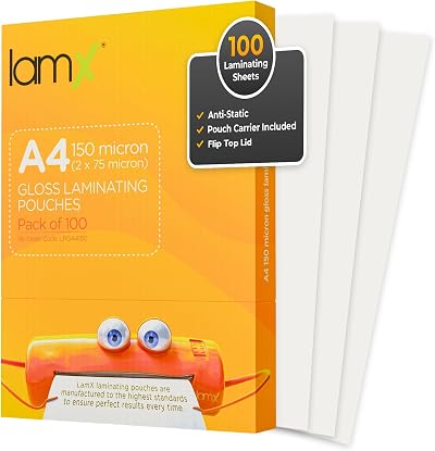 LamX A4 Laminating Pouches 150 micron 75+75 High Gloss Anti-Static Pack of 100