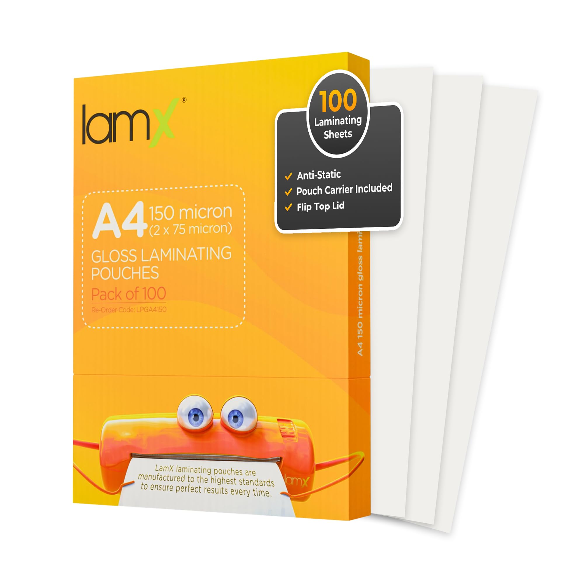 LamX A4 Laminating Pouches 150micron, High Gloss Finish Sheets, Anti-Static Formula Laminating Pouches A4, 150 Micron (75+75 Micron) - Pack of 100 Laminating Sheets, Free Pouch Carrier Included