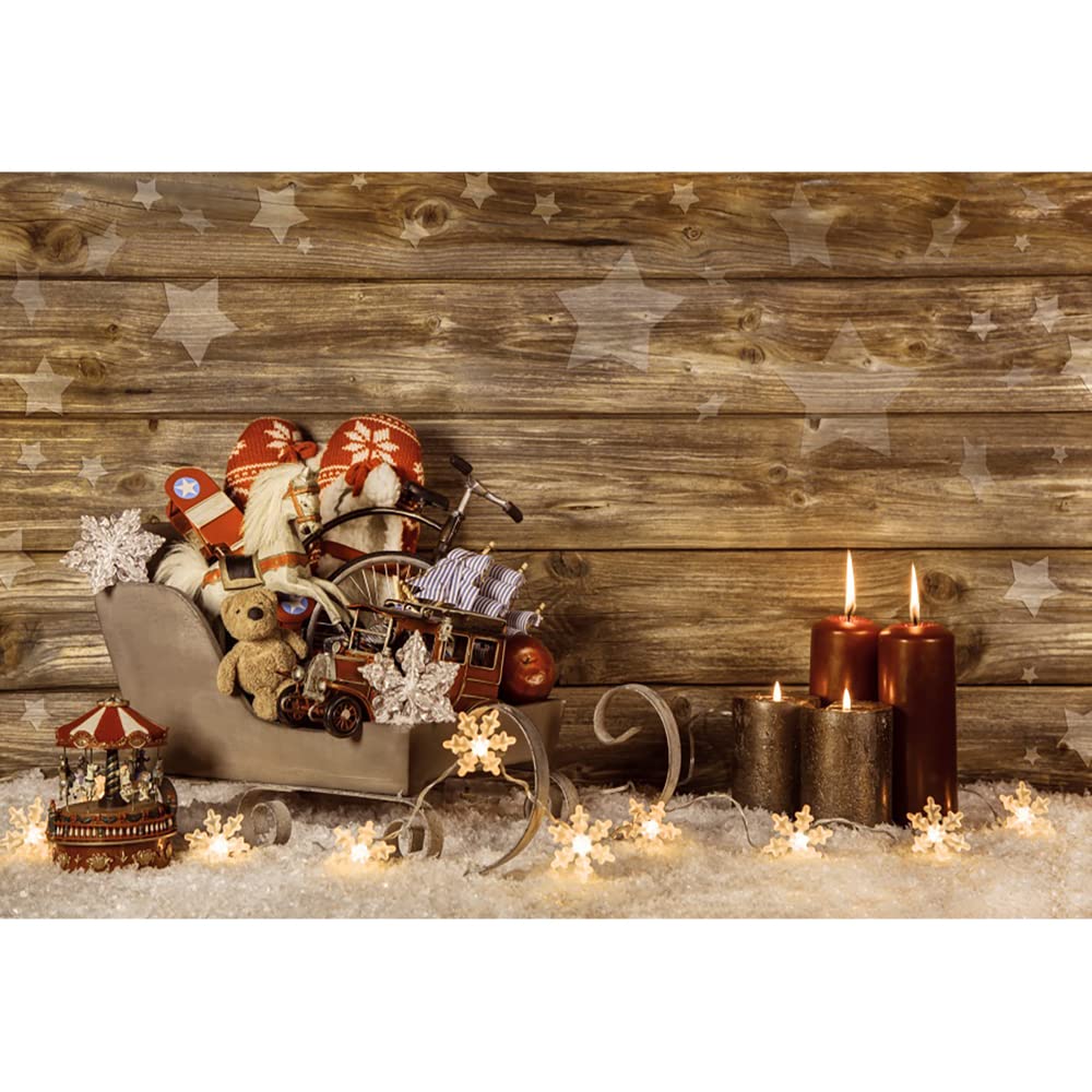 Aoihrraan 10x6,5ft Christmas Backdrop Gold Glitter Snowflake Candles Xmas Sleigh Gift Stars Brown Wooden Wall Photography Background New Year Festival Party Girls Boys Kids Portrait Photo Studio Props