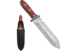 LYHLYA Professional Hori Hori Garden Knife, 7" Stainless Steel Blade with Protective Coating Full-Tang Wood Handle with Oxford Sheath for Weeding, Digging, Cutting and Planting