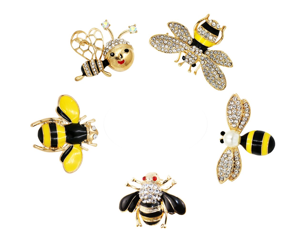 Set of 5 Fashion Enamel Crystal Rhinestones Bee Themed Brooch Pin for Clothes Collar Dress Scarf Decoration