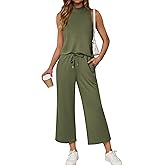 ATHMILE Two Piece Sets for Women Spring Summer Outfits Lounge Travel Mock Neck Drawstring Wide Leg Pants Tops Beach Vacation